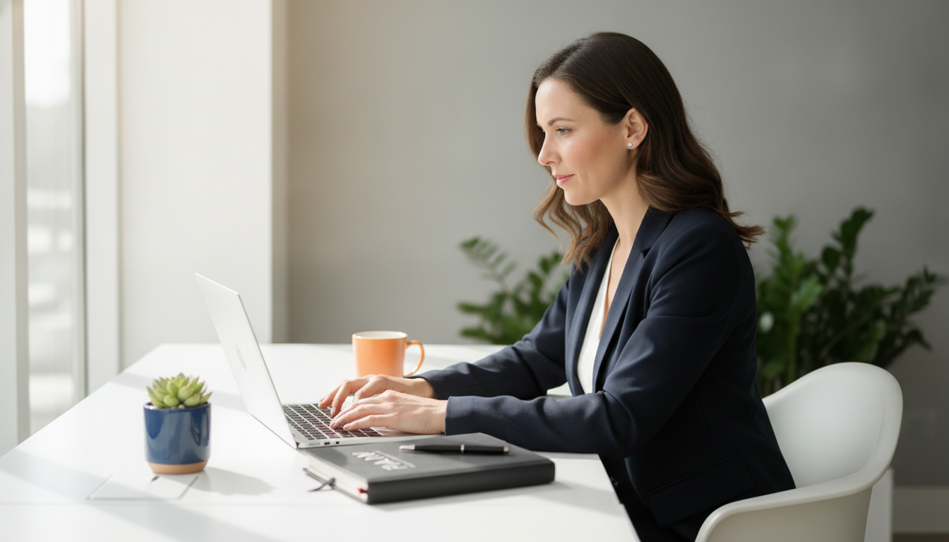 A focused small business owner planning blog posts on a laptop in a modern, sunlit office with blue and orange accents.