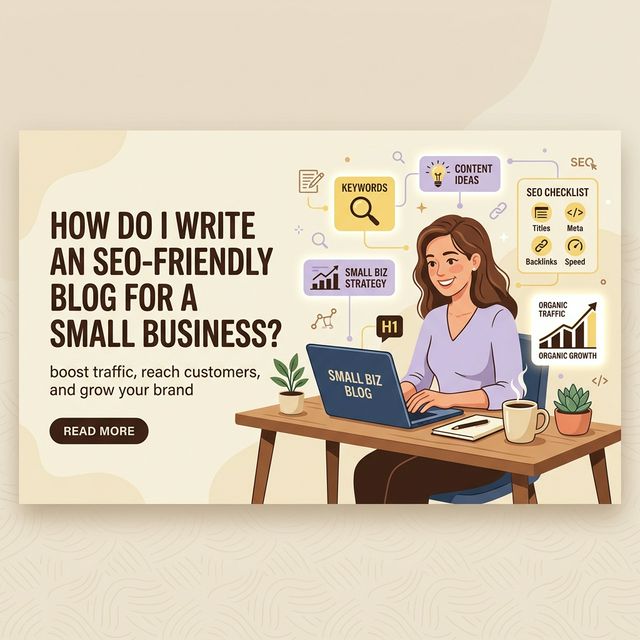 Small business owner typing on a laptop, surrounded by SEO charts